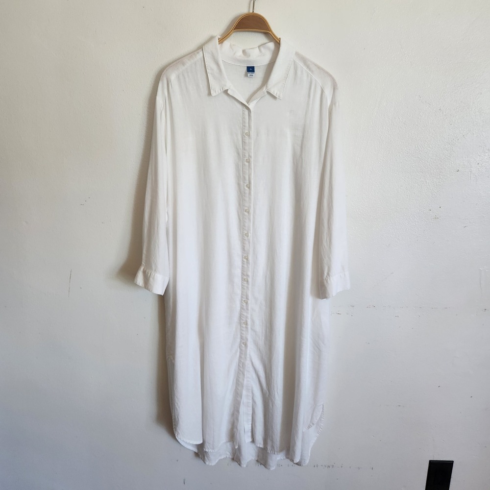 Old Navy Linen Blend Button Down Midi Shirt Dress XL White Coastal Lagenlook